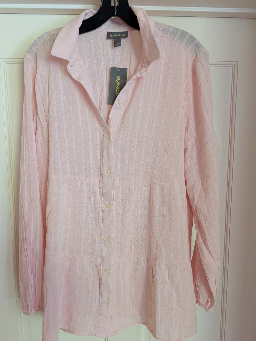 NWT Style & Co Women's M Lotus Pink Textured Striped Button-Front Tunic Shirt